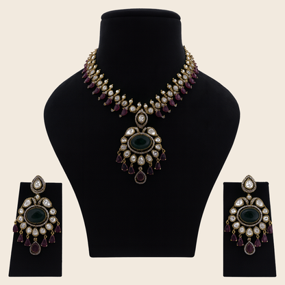 Aanura Royal Green Kundan Bridal Necklace with Earrings
