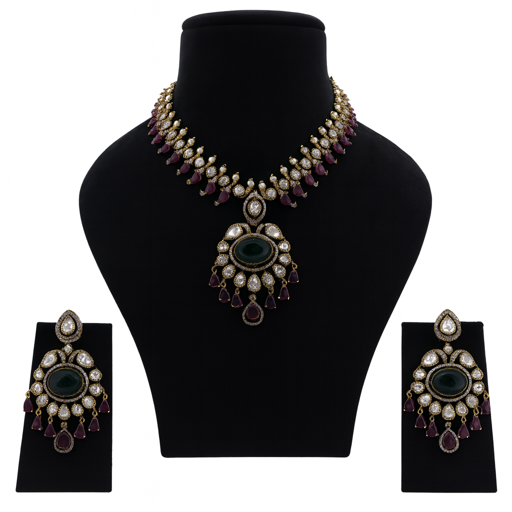 Aanura Royal Green Kundan Bridal Necklace with Earrings