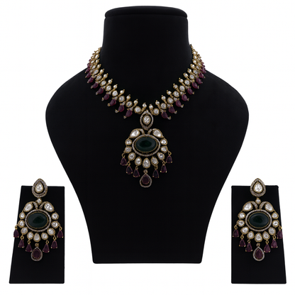 Aanura Royal Green Kundan Bridal Necklace with Earrings