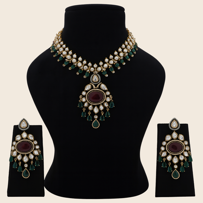 Aanura Royal Green Kundan Bridal Necklace with Earrings