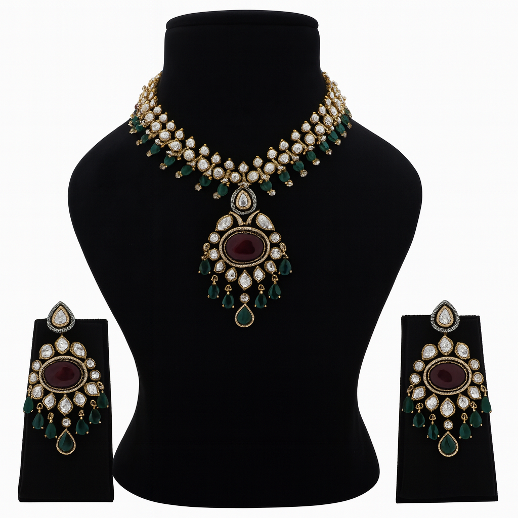 Aanura Royal Green Kundan Bridal Necklace with Earrings