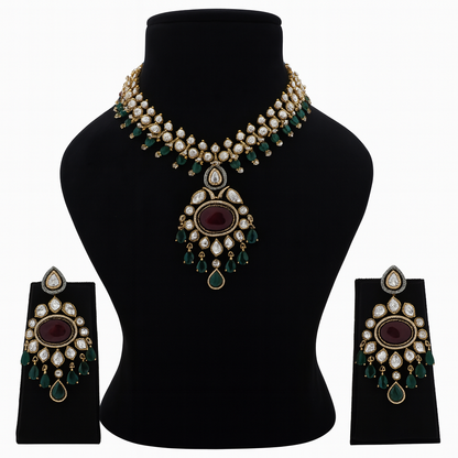 Aanura Royal Green Kundan Bridal Necklace with Earrings