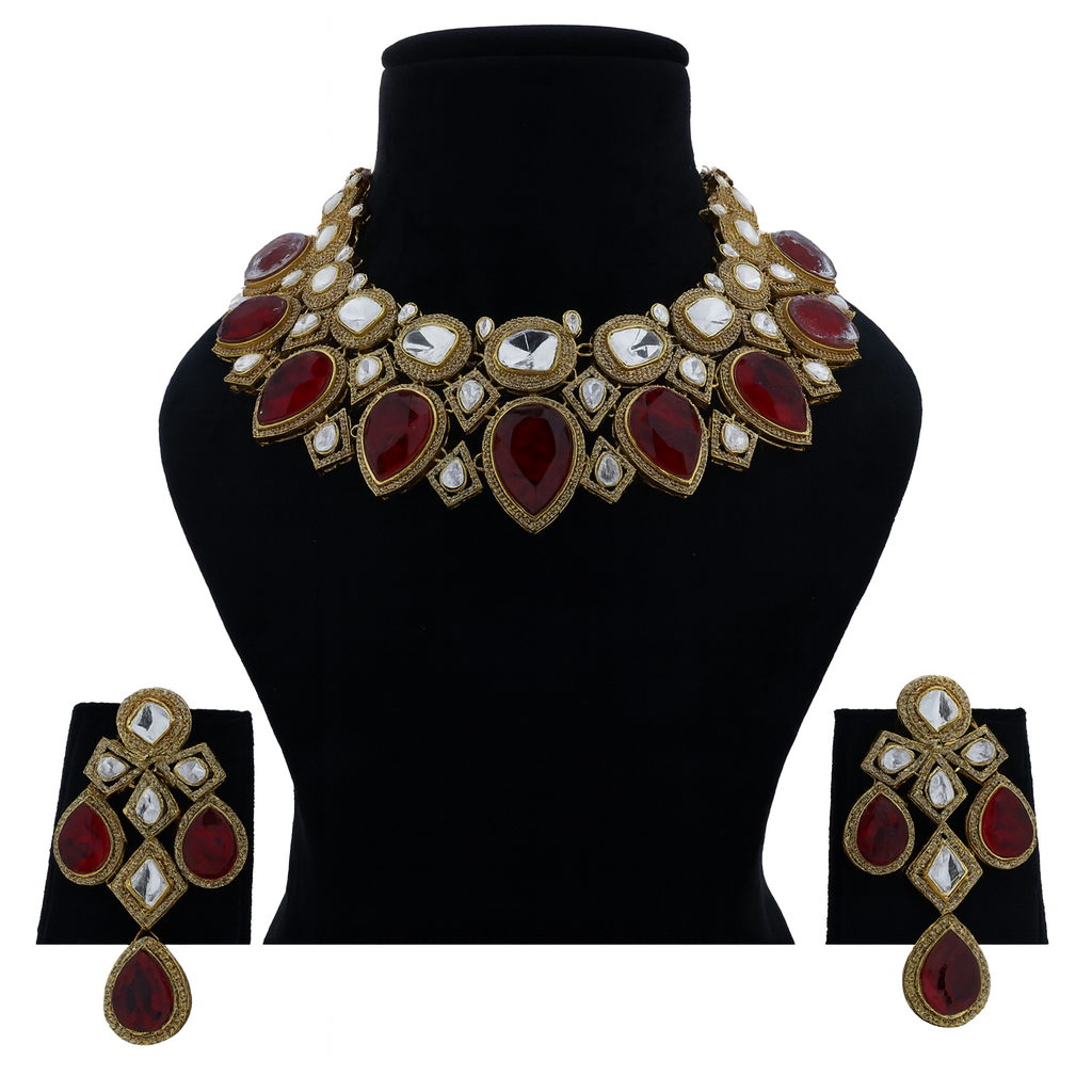 Aanura Grand Red Bridal Necklace with Kundan Embellishments