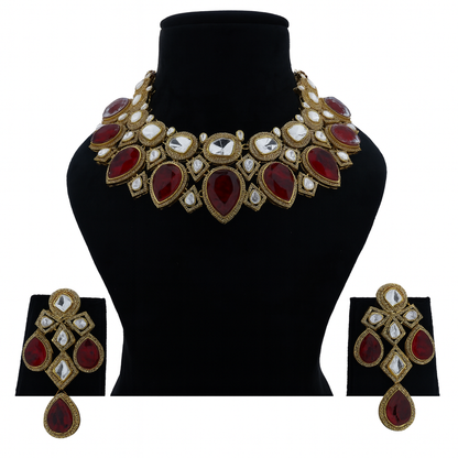 Aanura Grand Red Bridal Necklace with Kundan Embellishments