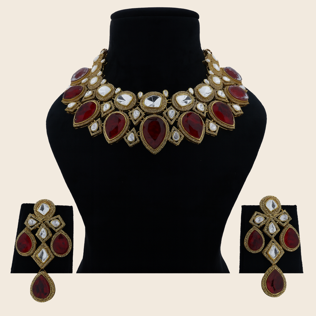 Aanura Grand Red Bridal Necklace with Kundan Embellishments