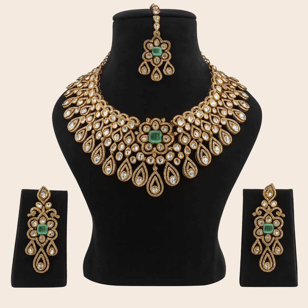 Aanura Bridal Emerald Kundan Necklace with Tikka Set