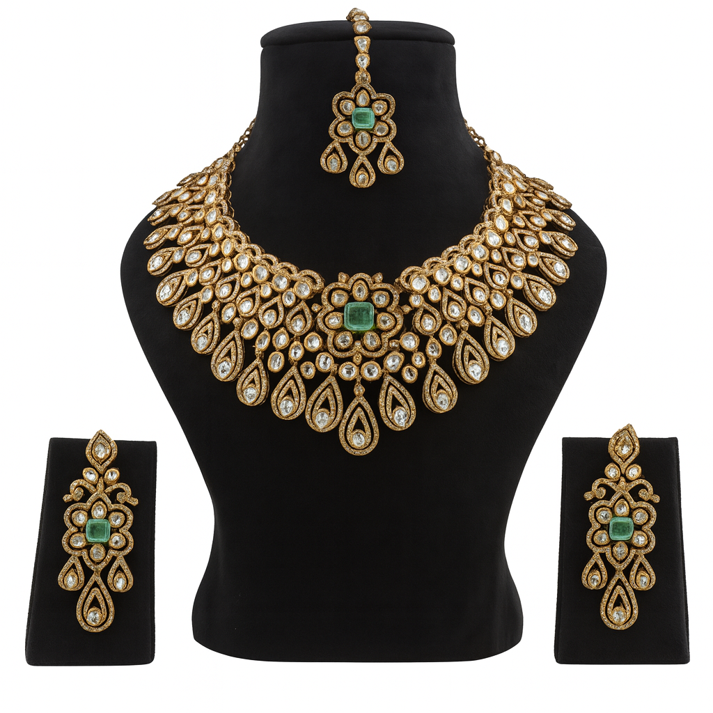 Aanura Bridal Emerald Kundan Necklace with Tikka Set