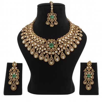 Aanura Bridal Emerald Kundan Necklace with Tikka Set