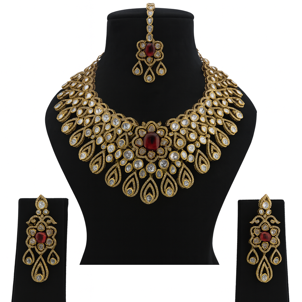 Aanura Bridal Emerald Kundan Necklace with Tikka Set