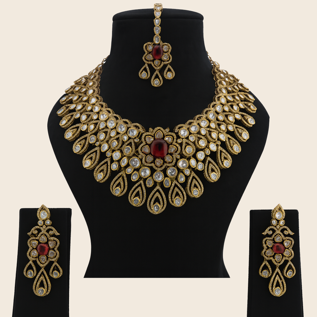Aanura Bridal Emerald Kundan Necklace with Tikka Set
