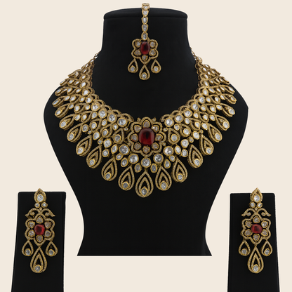 Aanura Bridal Emerald Kundan Necklace with Tikka Set