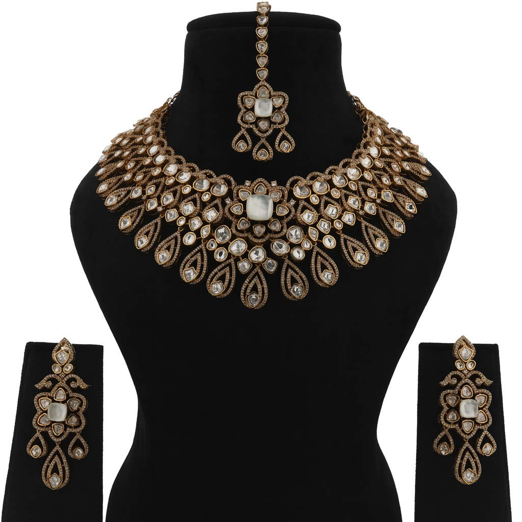 Aanura Bridal Emerald Kundan Necklace with Tikka Set