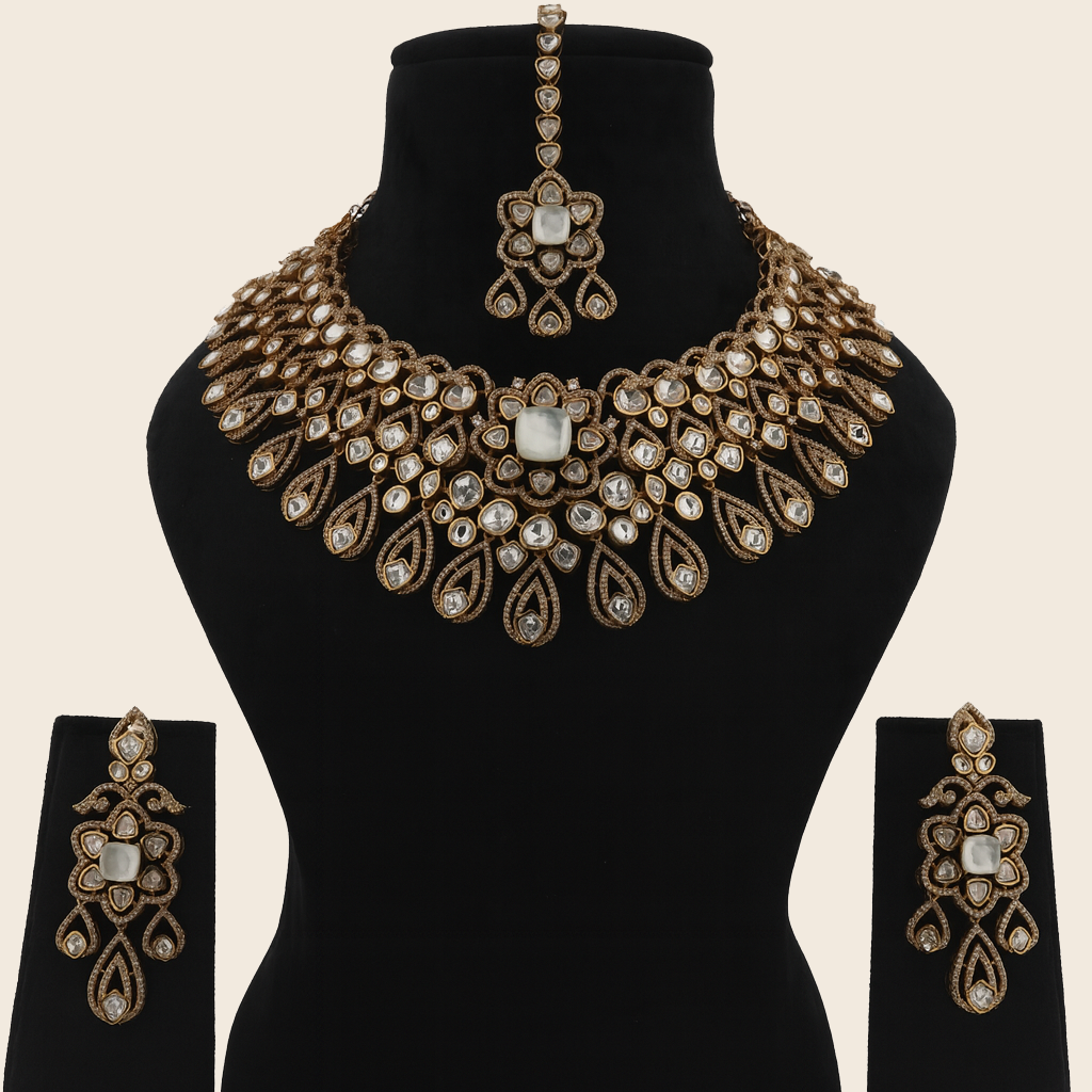 Aanura Bridal Emerald Kundan Necklace with Tikka Set