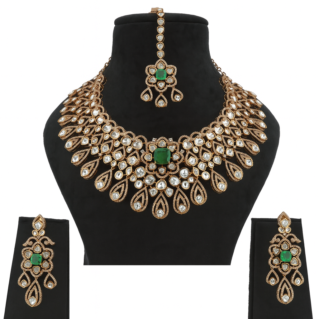 Aanura Bridal Emerald Kundan Necklace with Tikka Set
