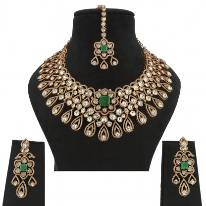 Aanura Bridal Emerald Kundan Necklace with Tikka Set