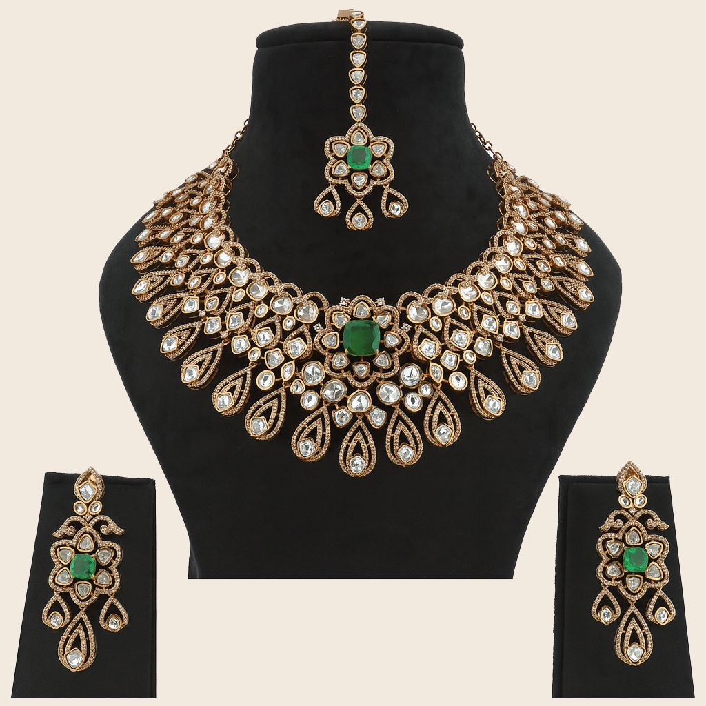 Aanura Bridal Emerald Kundan Necklace with Tikka Set
