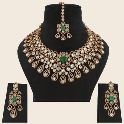 Aanura Bridal Emerald Kundan Necklace with Tikka Set