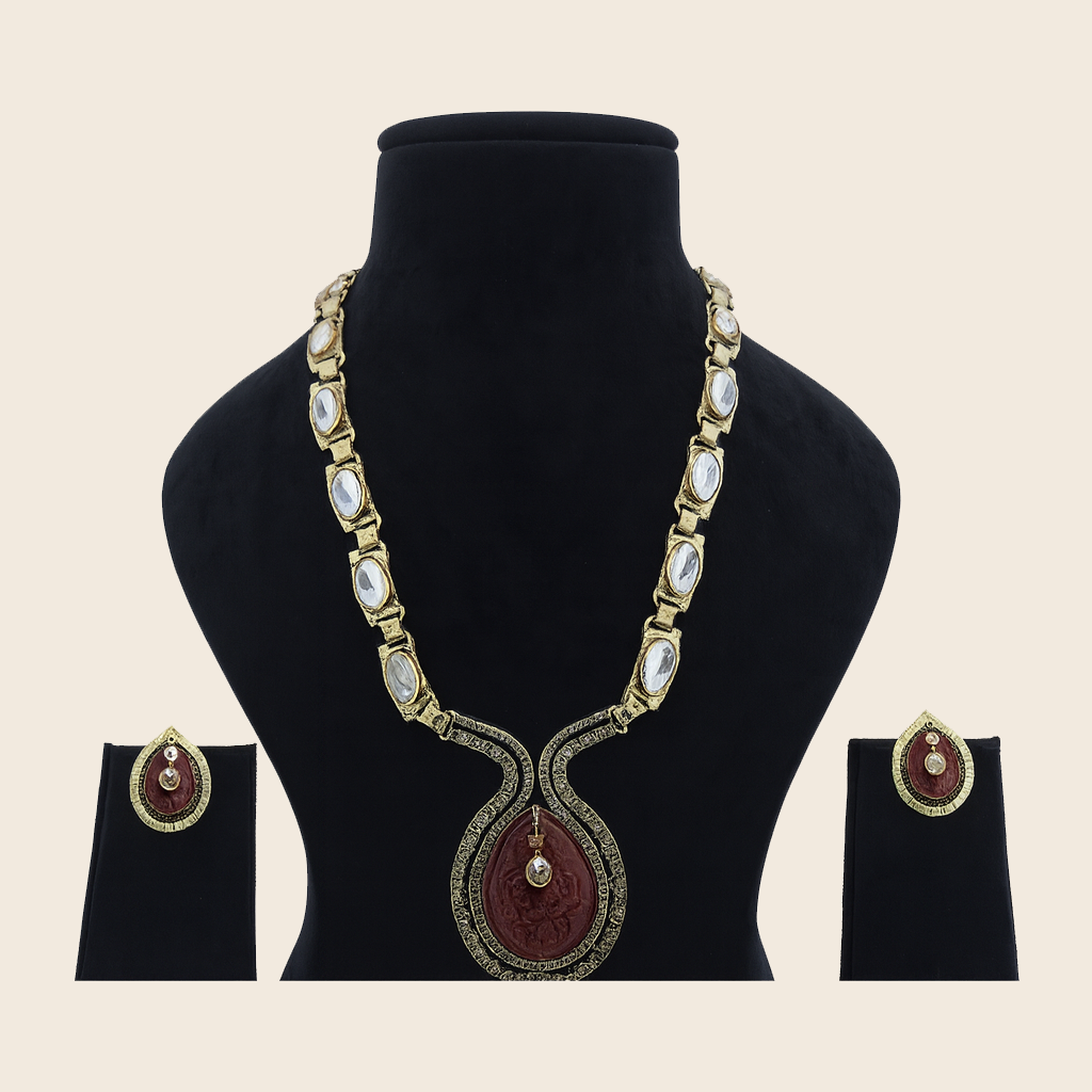 Aanura Long Kundan Necklace with Pink Pendant Design