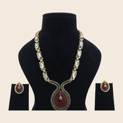 Aanura Long Kundan Necklace with Pink Pendant Design
