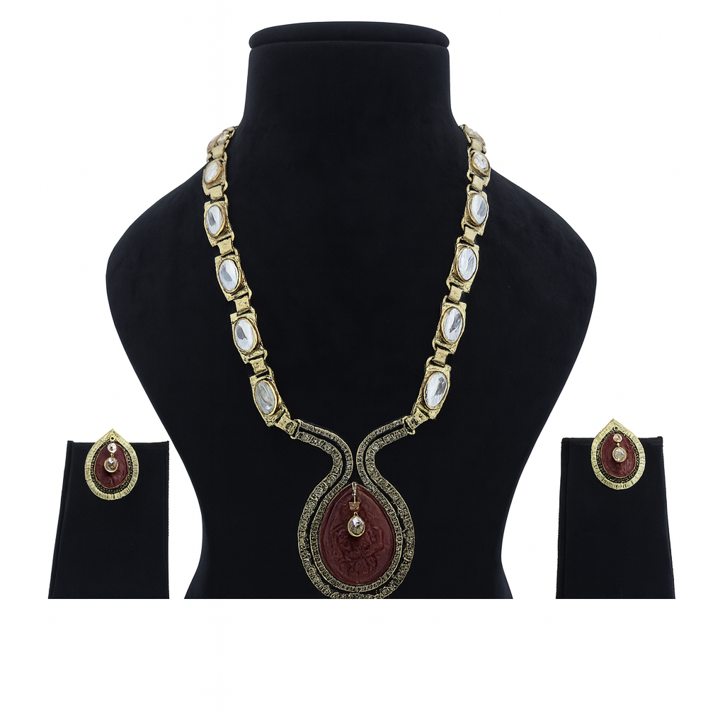 Aanura Long Kundan Necklace with Pink Pendant Design