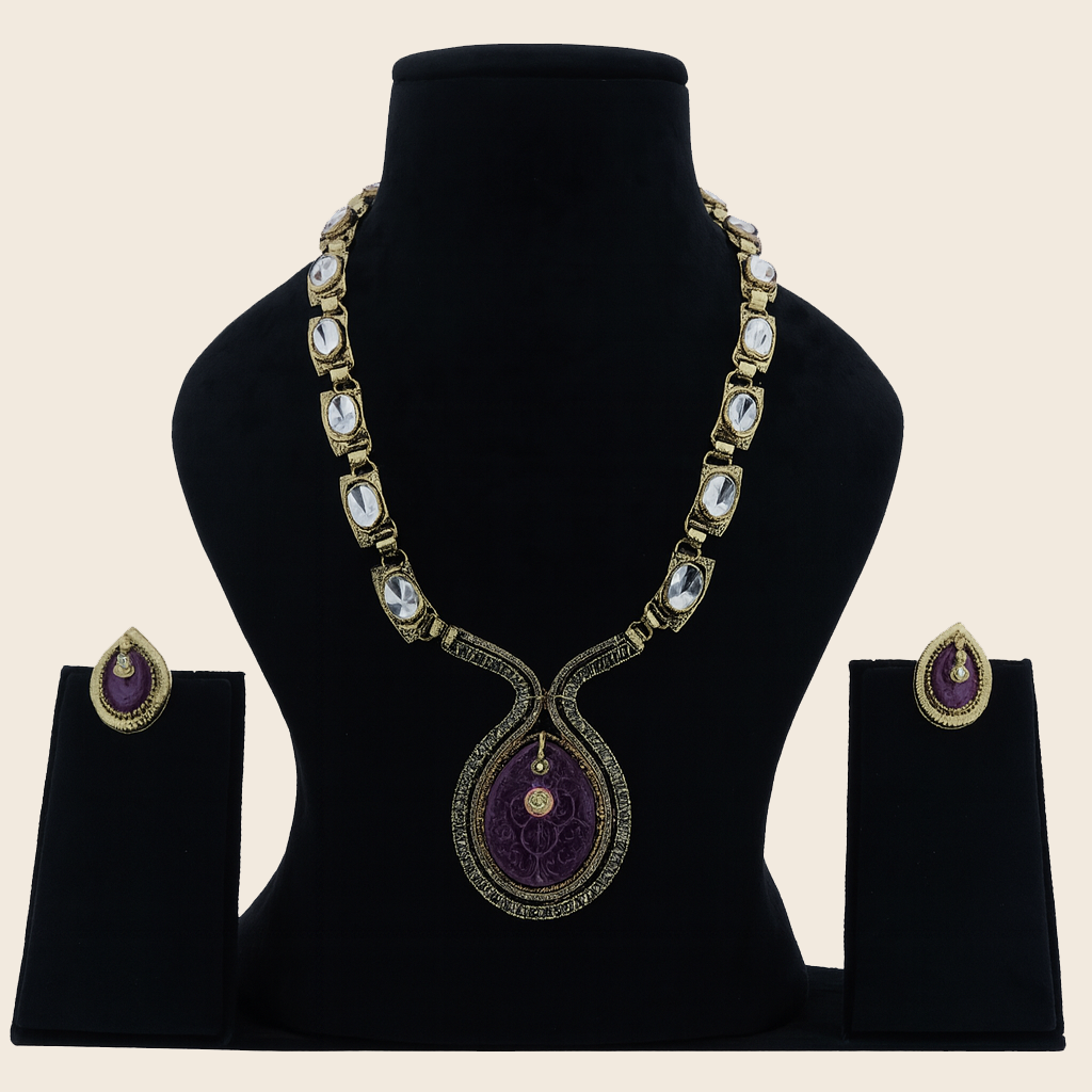 Aanura Long Kundan Necklace with Pink Pendant Design