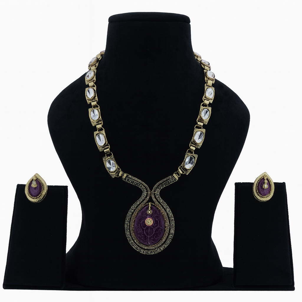 Aanura Long Kundan Necklace with Pink Pendant Design