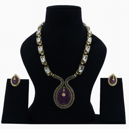 Aanura Long Kundan Necklace with Pink Pendant Design
