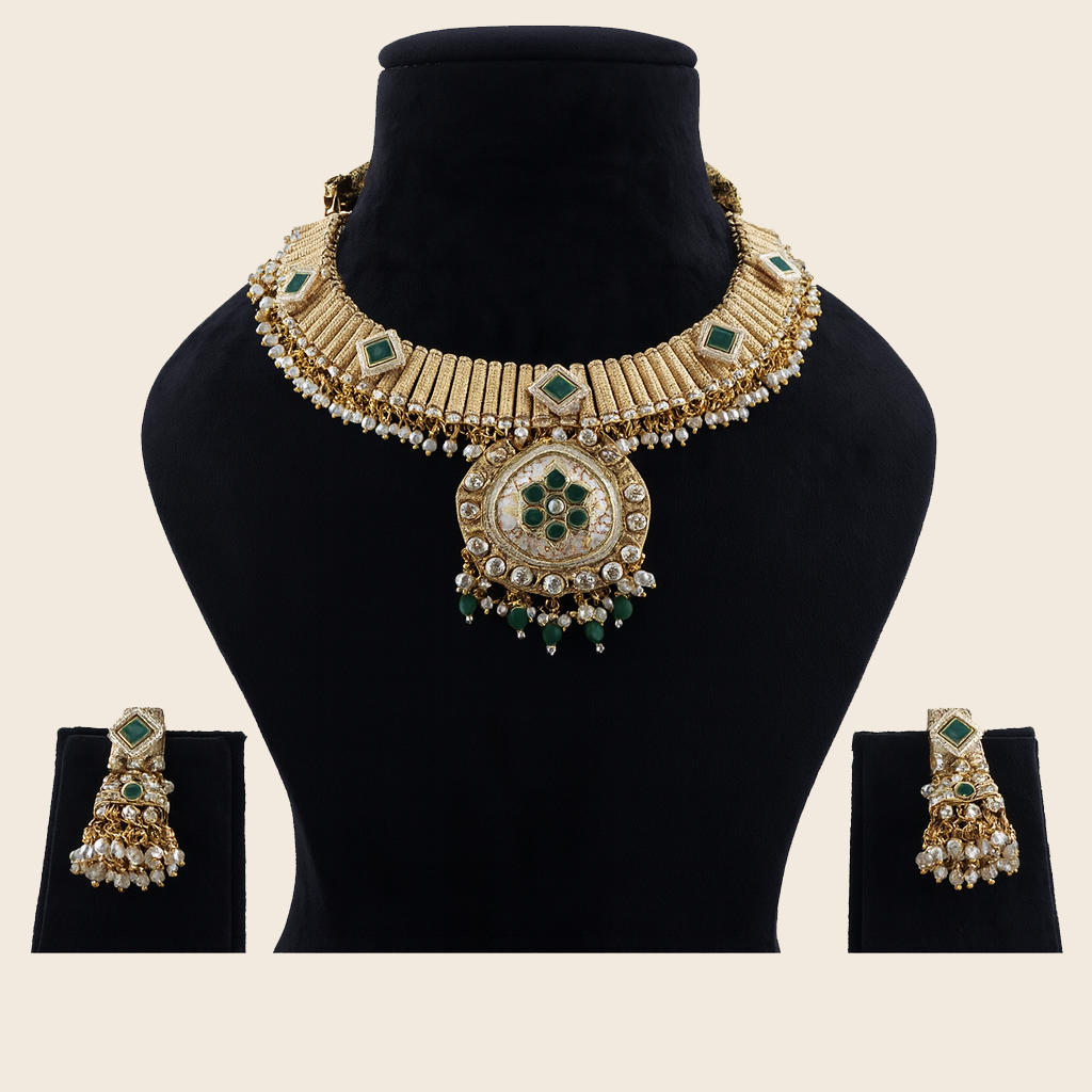 Aanura Kundan Choker Necklace with Green Stones & Pearls