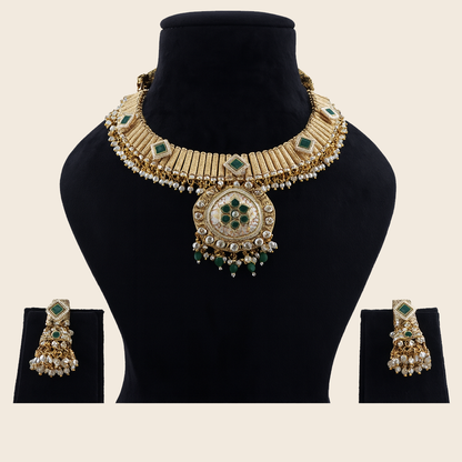 Aanura Kundan Choker Necklace with Green Stones & Pearls