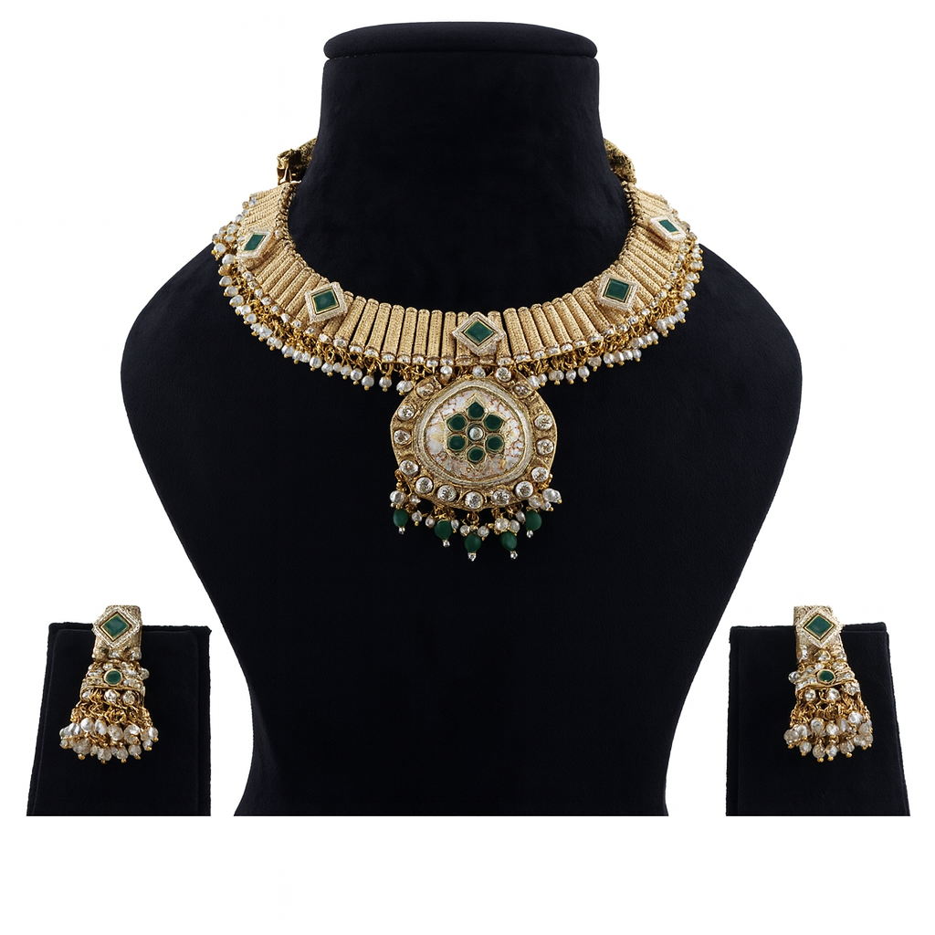 Aanura Kundan Choker Necklace with Green Stones & Pearls