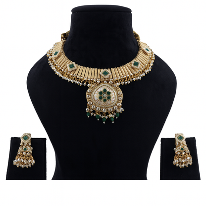 Aanura Kundan Choker Necklace with Green Stones & Pearls