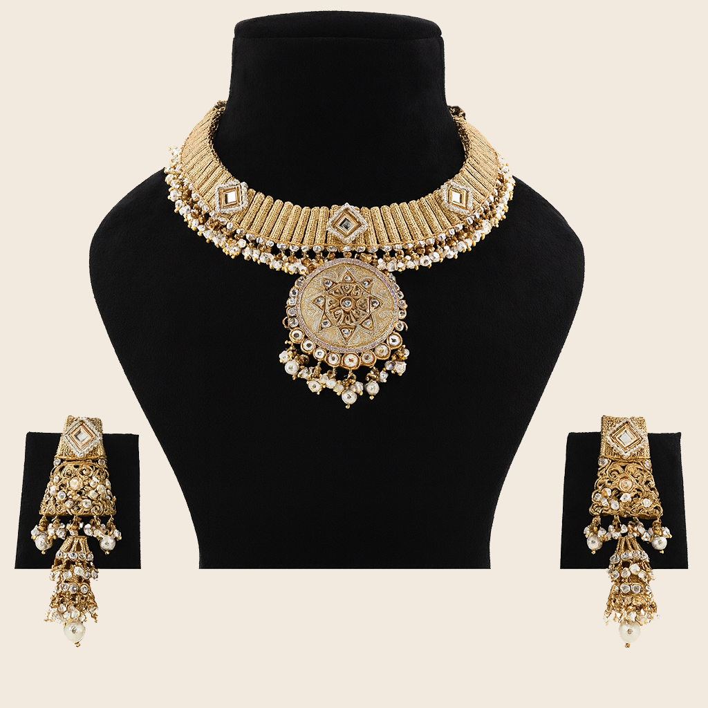 Aanura Kundan Choker Necklace with Green Stones & Pearls