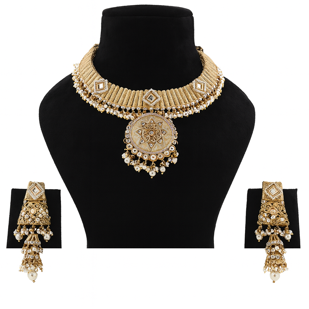 Aanura Kundan Choker Necklace with Green Stones & Pearls