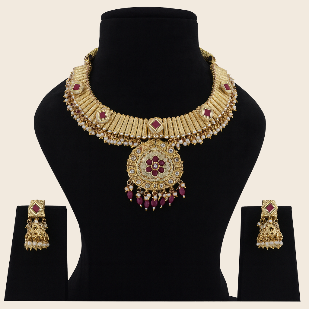 Aanura Kundan Choker Necklace with Green Stones & Pearls