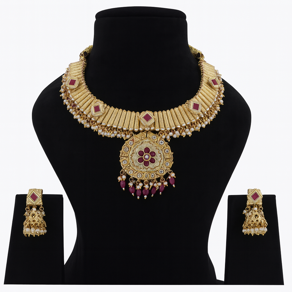 Aanura Kundan Choker Necklace with Green Stones & Pearls