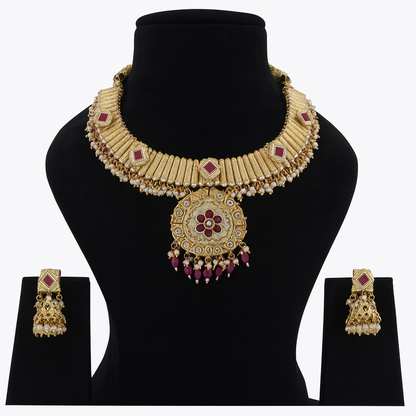 Aanura Kundan Choker Necklace with Green Stones & Pearls