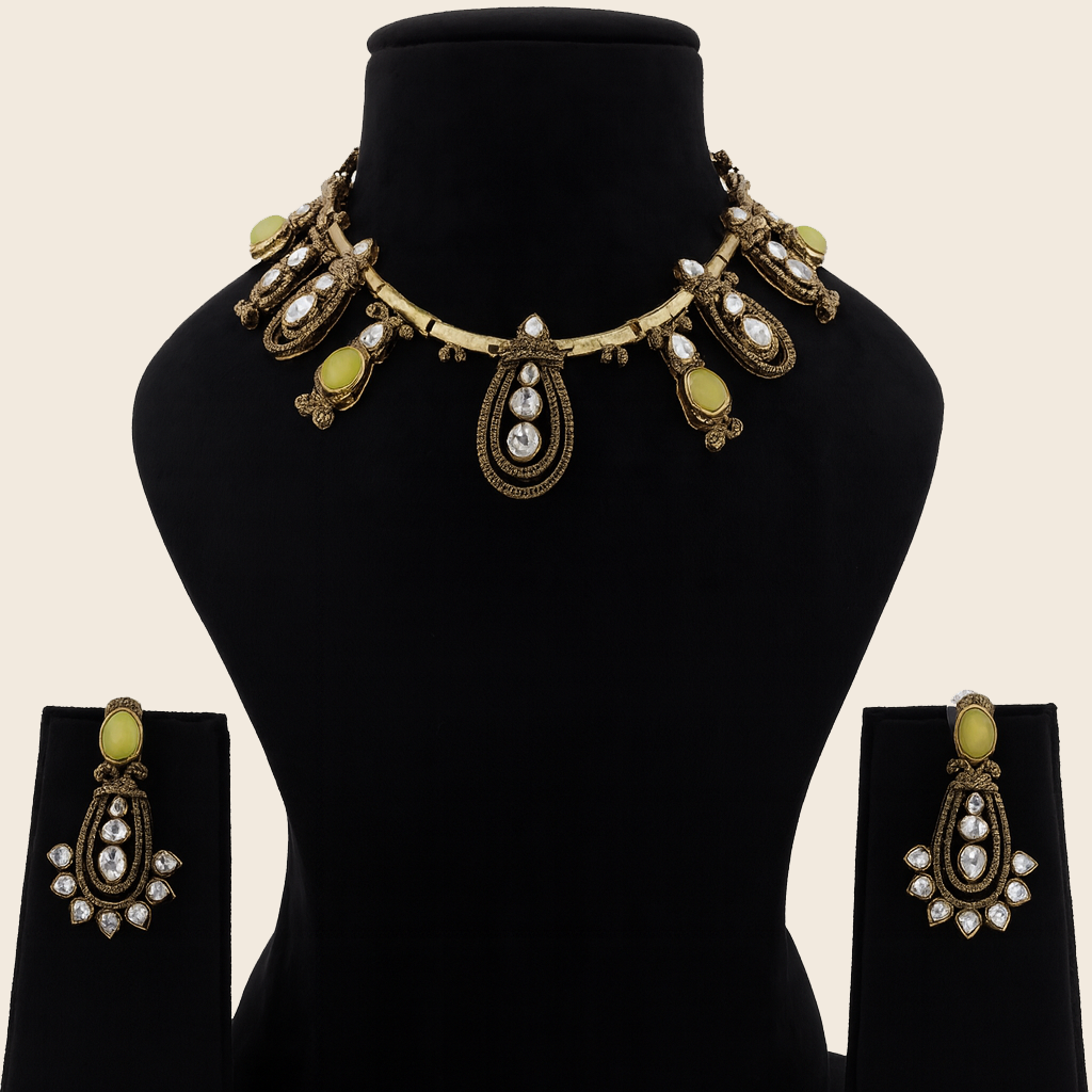 Aanura Kundan Necklace with Olive Green Stone Drops