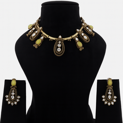Aanura Kundan Necklace with Olive Green Stone Drops