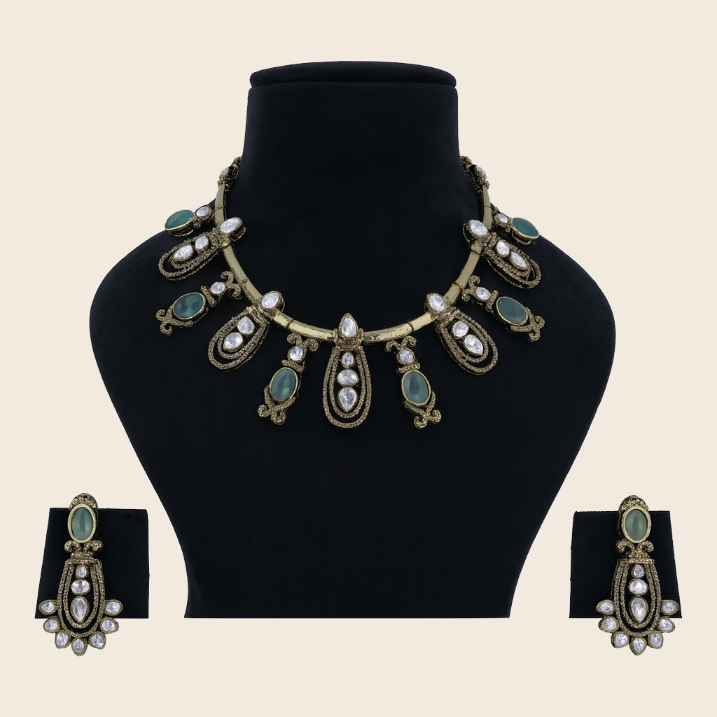 Aanura Kundan Necklace with Olive Green Stone Drops