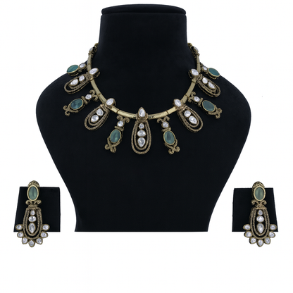 Aanura Kundan Necklace with Olive Green Stone Drops