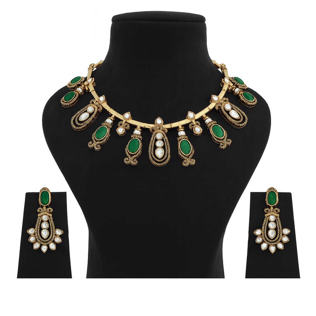Aanura Kundan Necklace with Olive Green Stone Drops