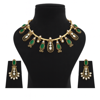 Aanura Kundan Necklace with Olive Green Stone Drops