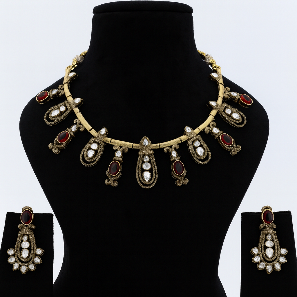 Aanura Kundan Necklace with Olive Green Stone Drops
