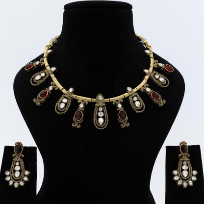 Aanura Kundan Necklace with Olive Green Stone Drops