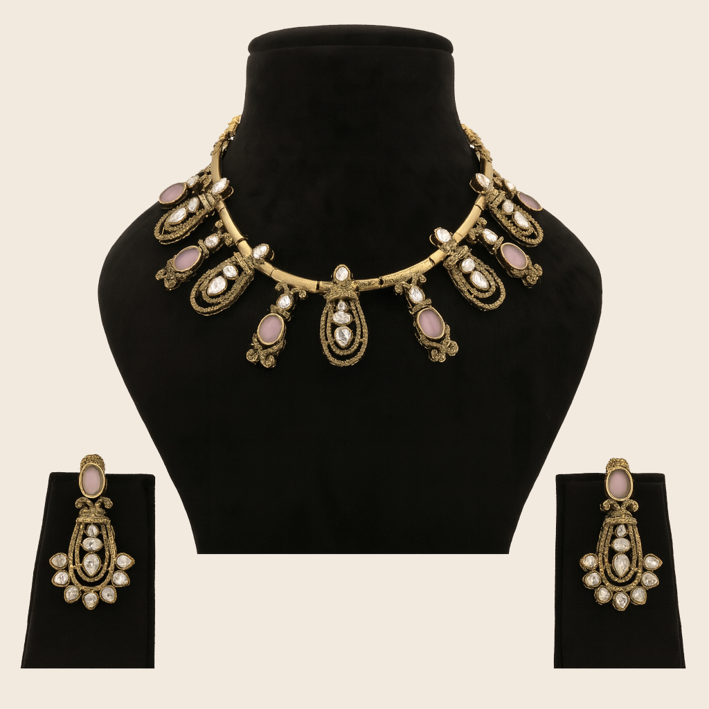Aanura Kundan Necklace with Olive Green Stone Drops