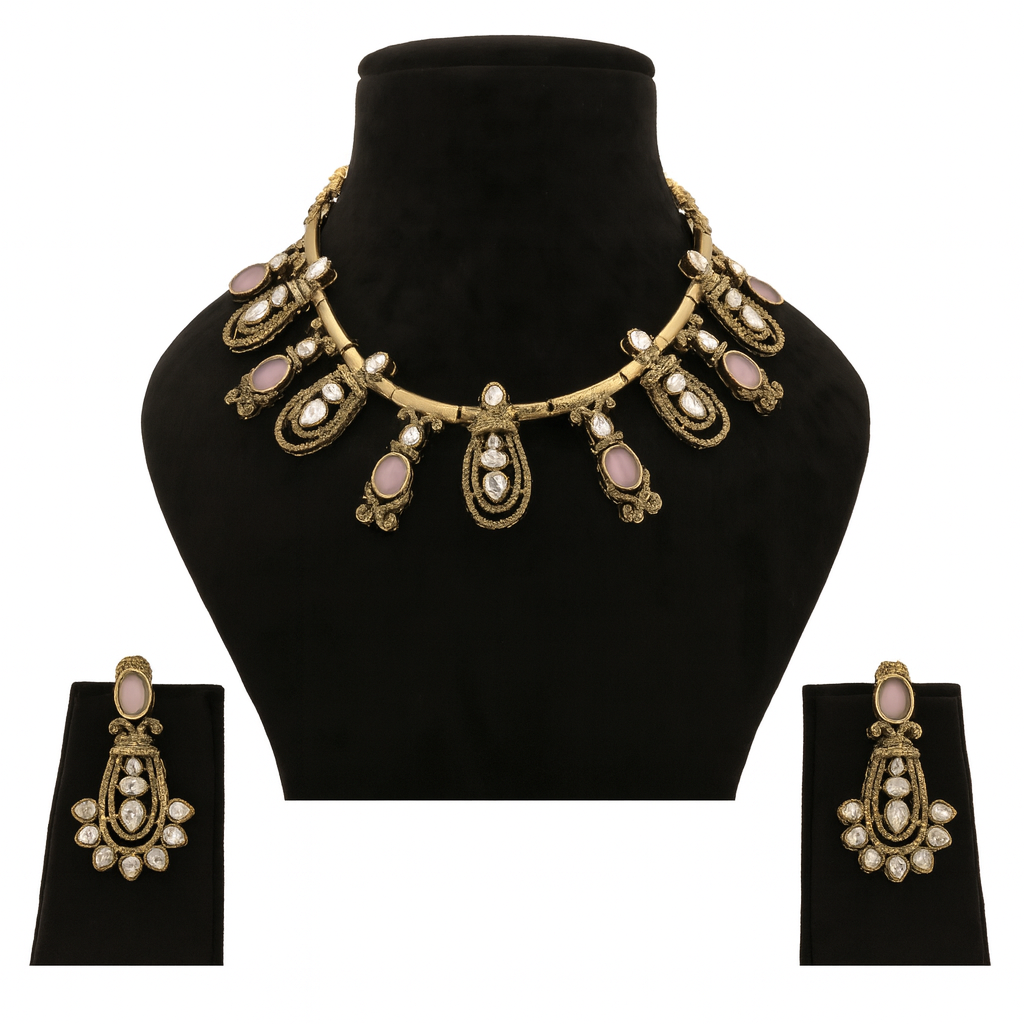 Aanura Kundan Necklace with Olive Green Stone Drops