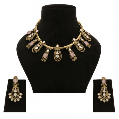 Aanura Kundan Necklace with Olive Green Stone Drops