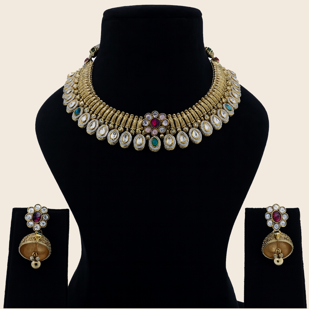 Aanura Kundan Choker Necklace with Floral Design & Earrings