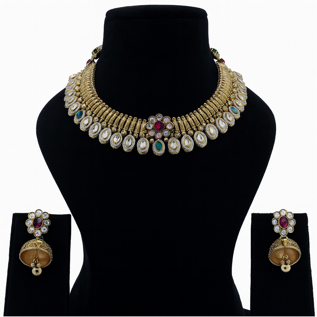 Aanura Kundan Choker Necklace with Floral Design & Earrings