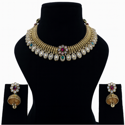 Aanura Kundan Choker Necklace with Floral Design & Earrings
